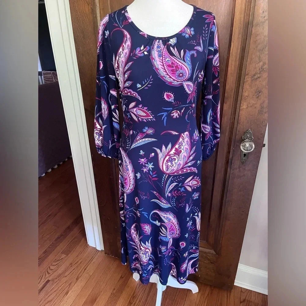 NWOT Talbots Navy and Pink Paisley Fit and Flare Dress‎ Women Size 4 Peti…